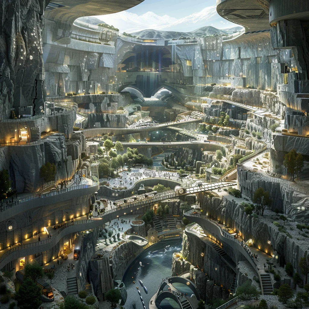 Hyper-transport Hub: multi-level terminal with pods, drones, and sweeping organic geometry