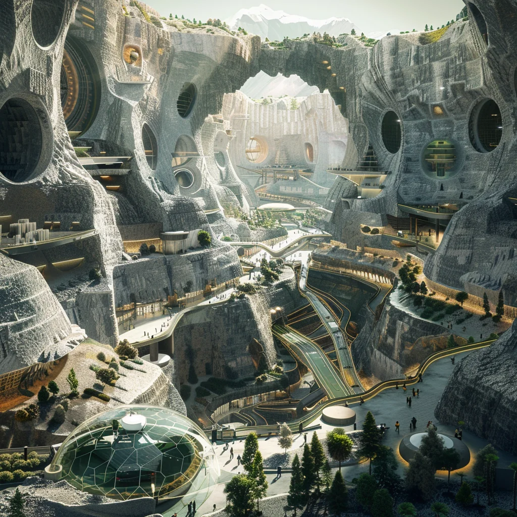 Hyper-transport Hub: pneumatic pod arrival, white biomorphic forms, central light shaft