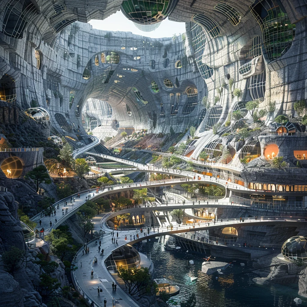 Hyper-transport Hub: logistics level with drones and automated platforms integrated into the carved strata