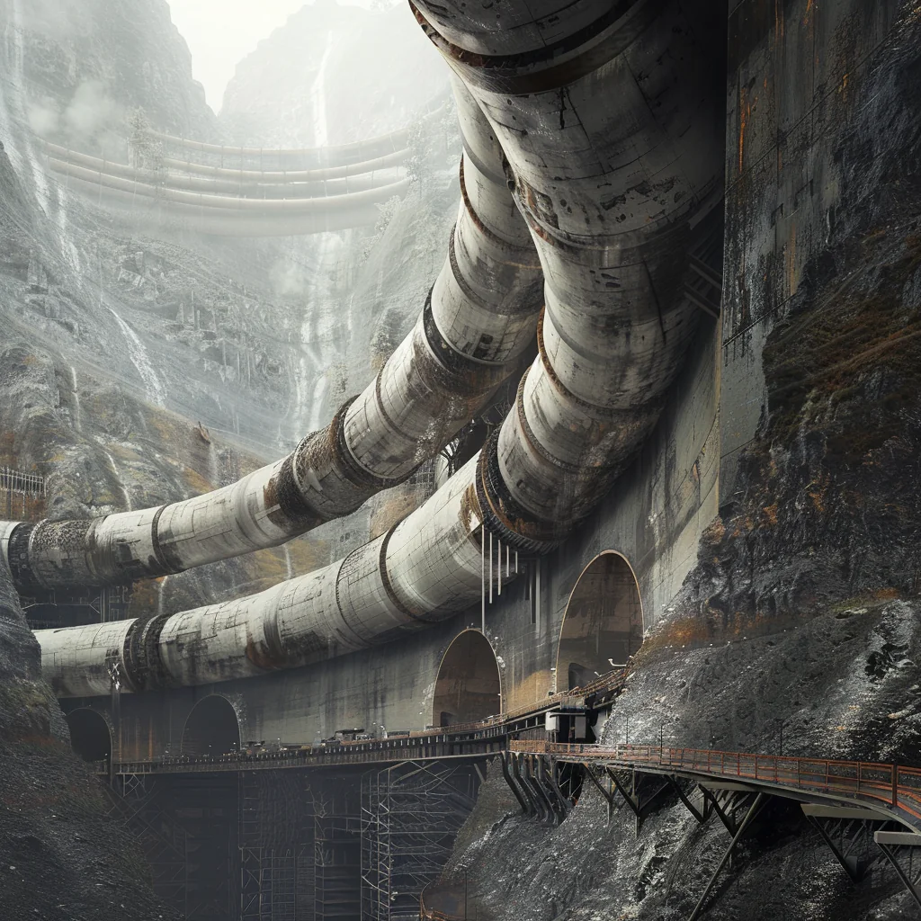 Utilities: tunnel system with layered pipework, maintenance walkways, industrial lighting