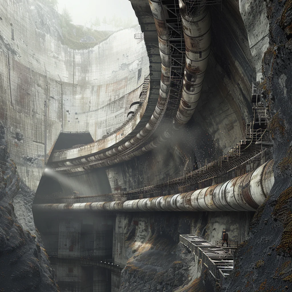 Utilities: deep service corridor with concrete ribs, ducts, and cable galleries