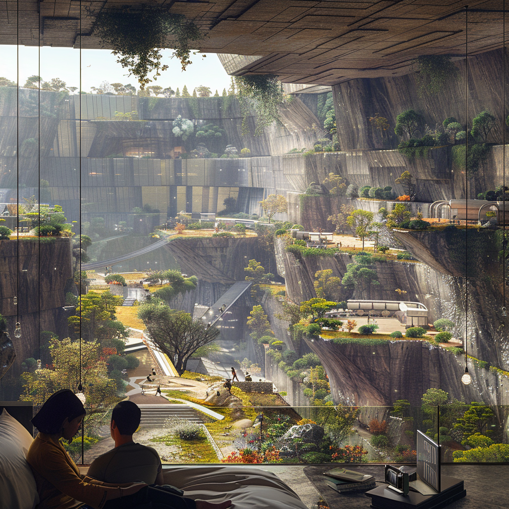 Symbiotic Living — couple at bedroom window overlooking terraced canyon city, green cascades, warm light