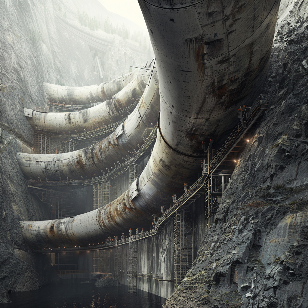 Utility Infrastructure — monumental pipe gallery, five enormous cylindrical ducts along sheer cliff face, workers on scaffolding