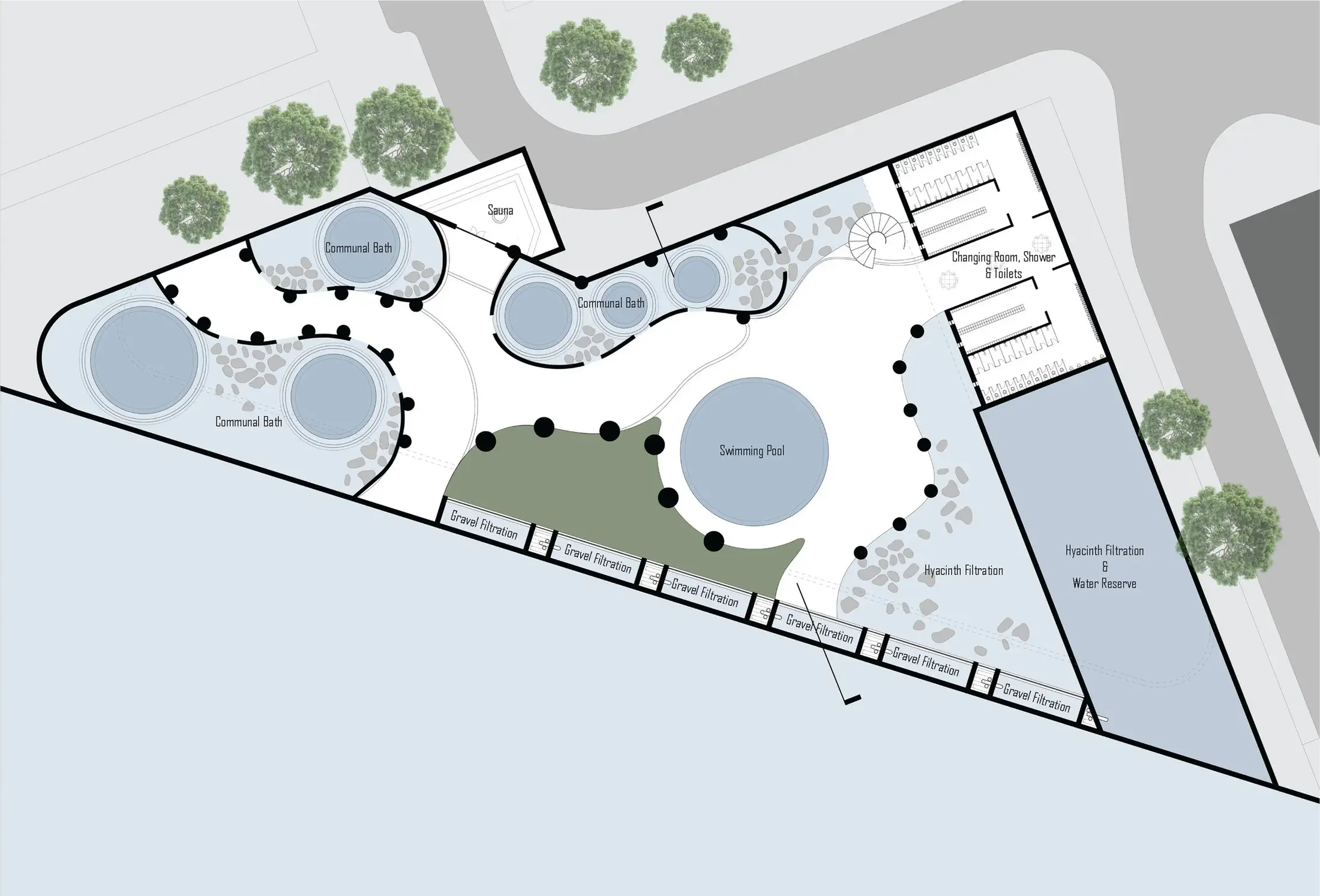 Floor plan: communal baths, sauna, swimming pool, hyacinth filtration, gravel filtration