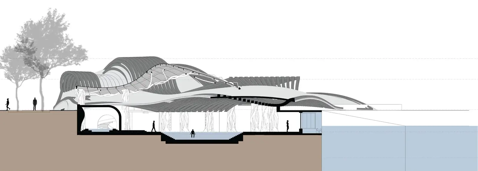 Building section: wave roof over submerged bathing hall