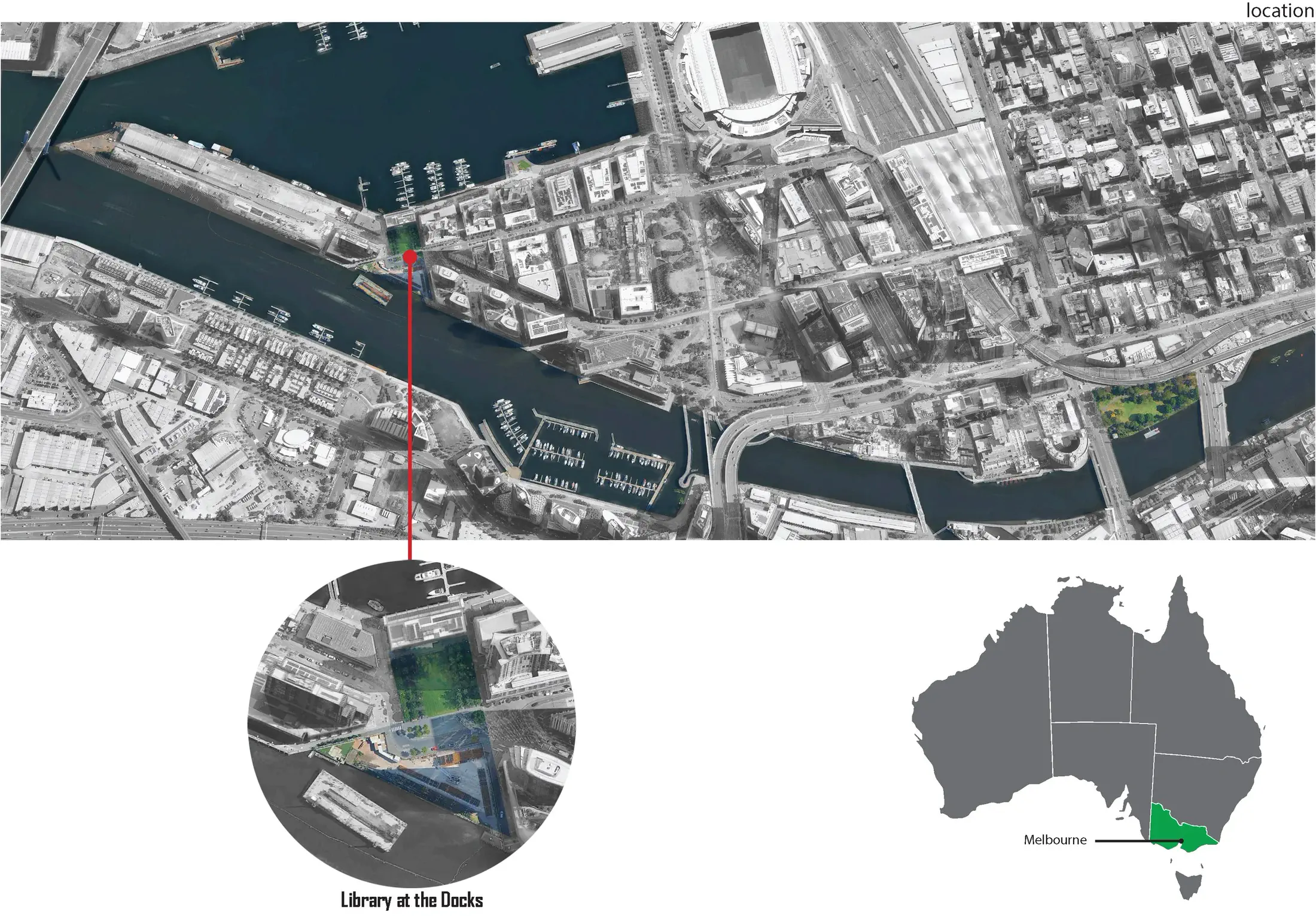 Site aerial: Library at the Docks on the Birrarung, Melbourne