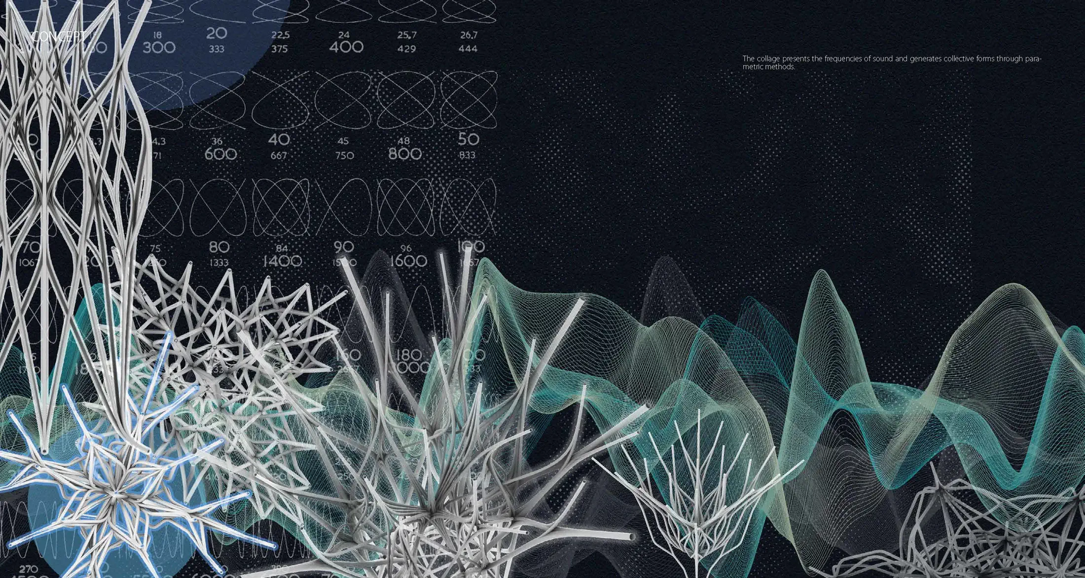 Concept collage: sound frequency patterns translated into spatial form — waveforms, interference patterns, and resonance visualised as generative geometry