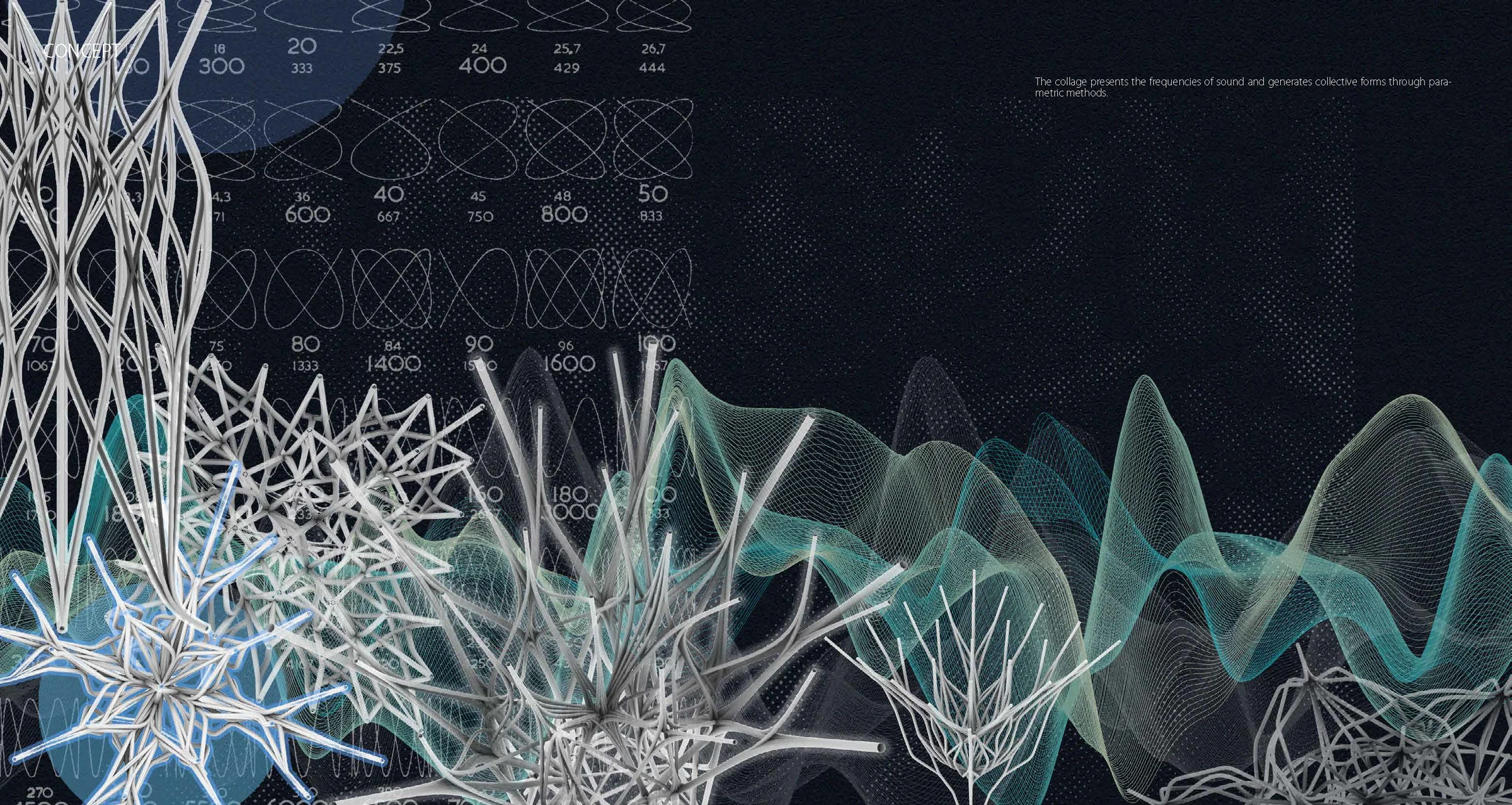 Concept collage: sound frequency patterns translated into spatial form — waveforms, interference patterns, and resonance visualised as generative geometry