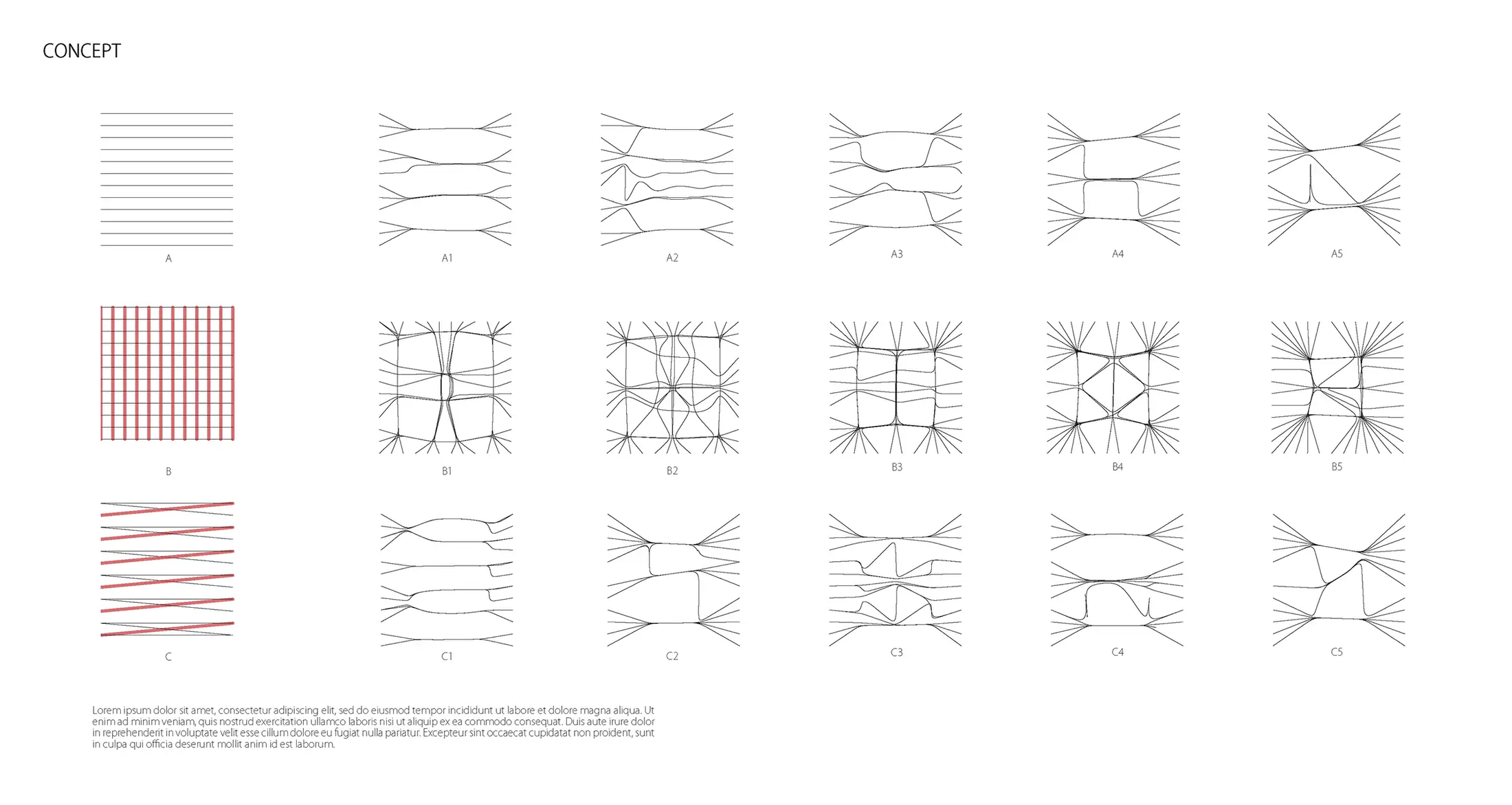 Concept matrix: parametric form variations A through C, series 1–5, derived from frequency-to-geometry translation logic