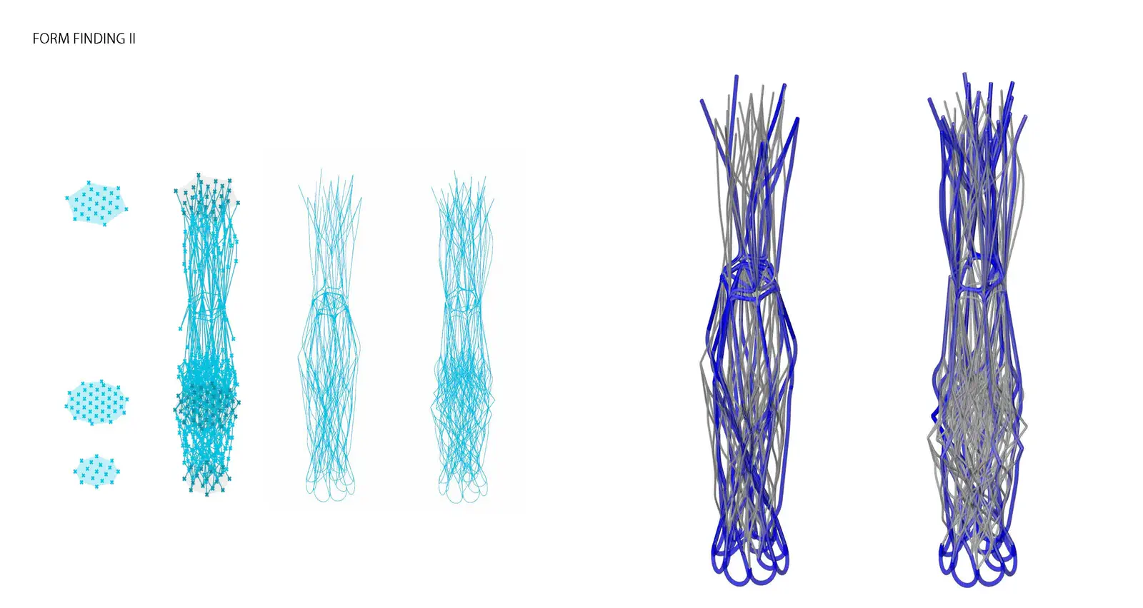 Form finding 04: 3D Voronoi tessellation with Jitter randomisation, deconstructed into wireframe edges, converted to NURBS curves for tube skeleton