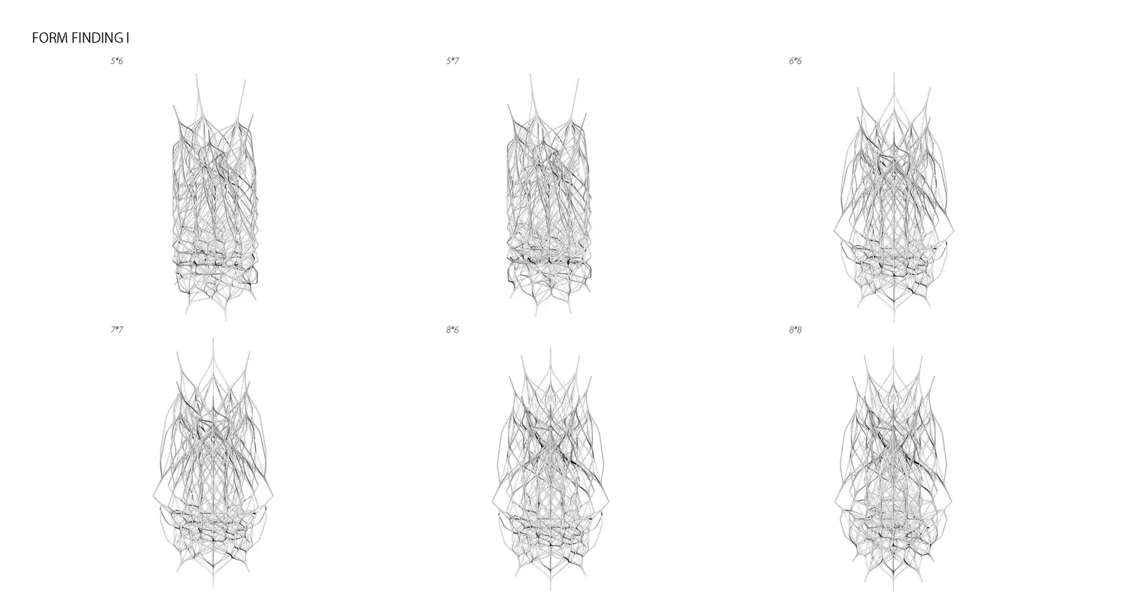 Form finding 06: final curve optimisation — extracted NURBS segments refined and curve lengths tabulated per configuration before fabrication