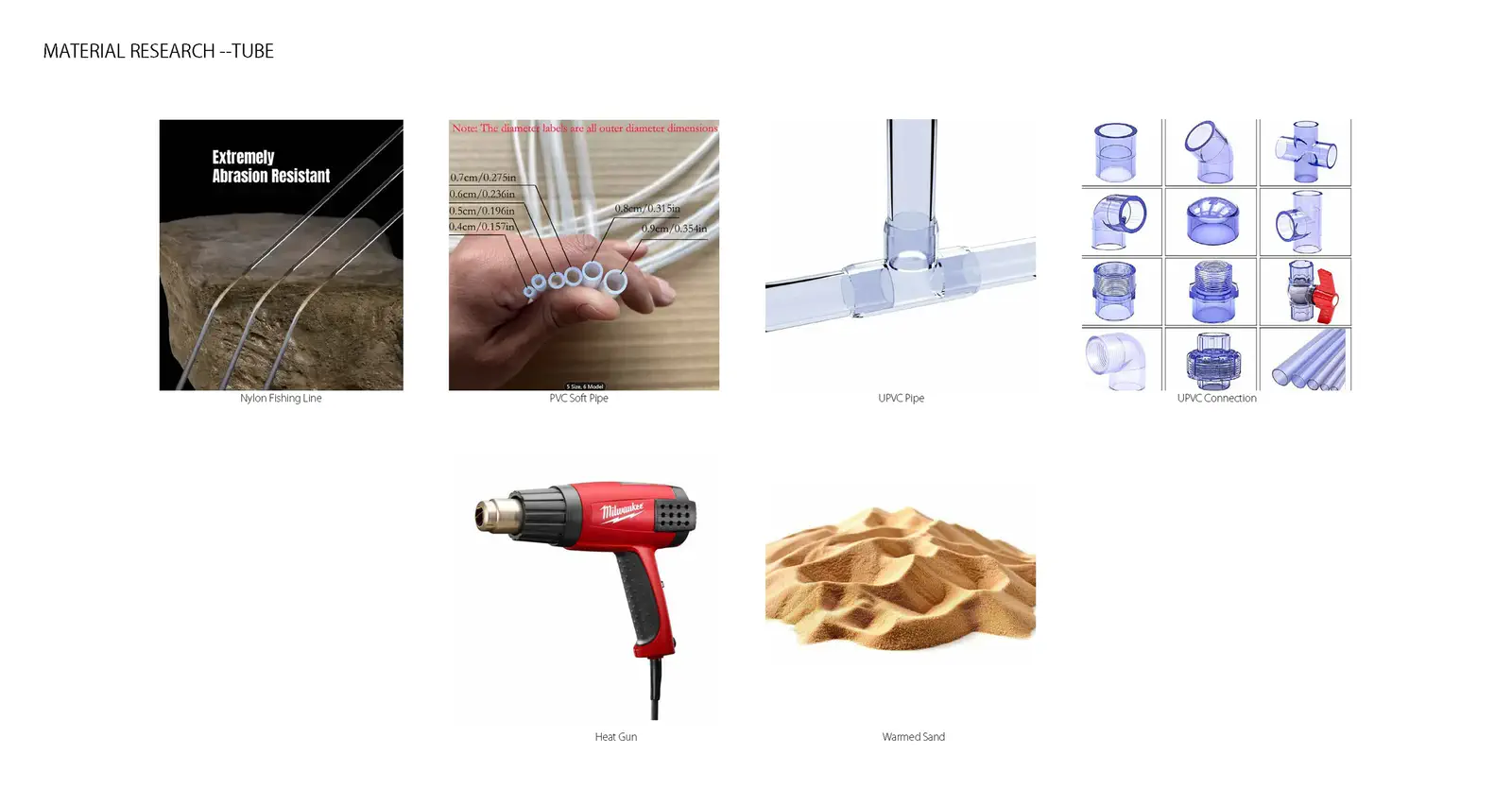 Material research: heat-forming techniques — heat gun, warmed sand, and nylon fishing line methods for bending PVC and UPVC pipes