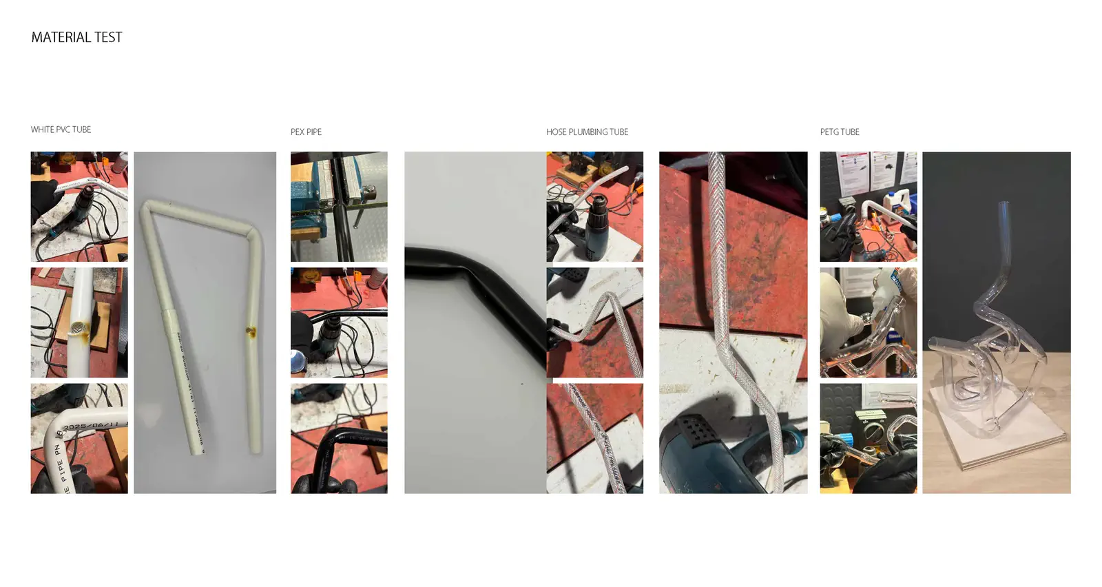 Material research: comparative material test results for white PVC tube, PEX pipe, hose plumbing tube, and PETG tube