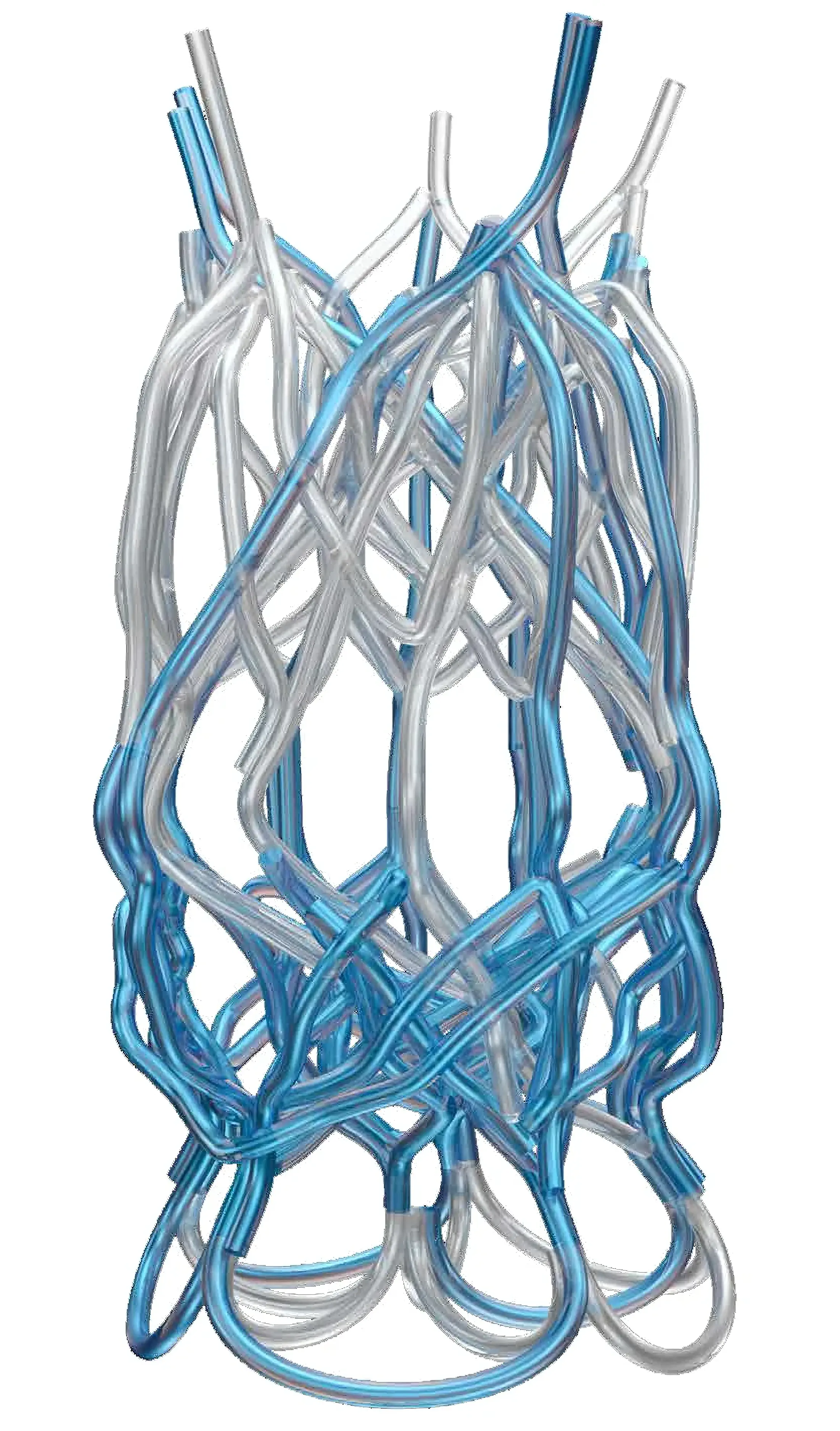 Perspective rendering: Tubythm structure in full, branching PETG tubular system rising from base, warm ambient light